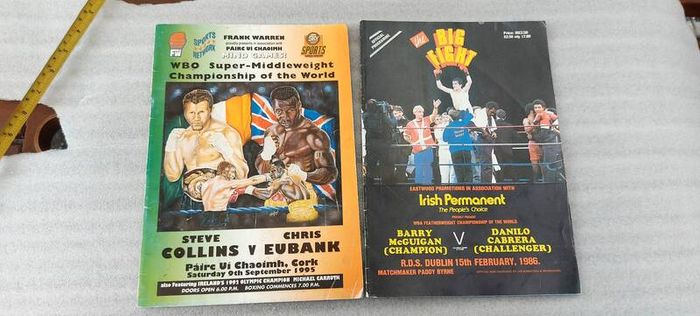 2 x boxing programmes,, Barry mcguigan fight 15th February 1986  R.D.S dublin ,and Steve Collins fight,9 September 1995 Cork, , 2 x irish boxing champions,,2 x legends of irish boxing...