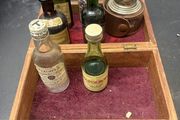 Vintage Miniature Drinks Bottles, Travel Cup and Wooden Box