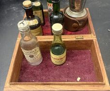Vintage Miniature Drinks Bottles, Travel Cup and Wooden Box