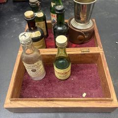 Vintage Miniature Drinks Bottles, Travel Cup and Wooden Box