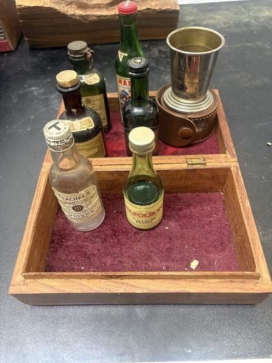 Vintage Miniature Drinks Bottles, Travel Cup and Wooden Box