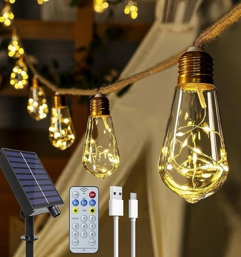 Solar Lights Outdoor Garden 6m Hemp Rope Festoon Light with Remote, USB Fairy String with 16 S17 Shatterproof Bulbs 160 LEDs 8 Modes, Waterproof Lighting for Outside Gazebo Patio Party Decor
