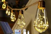 Solar Lights Outdoor Garden 6m Hemp Rope Festoon Light with Remote, USB Fairy String with 16 S17 Shatterproof Bulbs 160 LEDs 8 Modes, Waterproof Lighting for Outside Gazebo Patio Party Decor