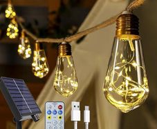 Solar Lights Outdoor Garden 6m Hemp Rope Festoon Light with Remote, USB Fairy String with 16 S17 Shatterproof Bulbs 160 LEDs 8 Modes, Waterproof Lighting for Outside Gazebo Patio Party Decor