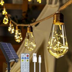 Solar Lights Outdoor Garden 6m Hemp Rope Festoon Light with Remote, USB Fairy String with 16 S17 Shatterproof Bulbs 160 LEDs 8 Modes, Waterproof Lighting for Outside Gazebo Patio Party Decor