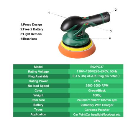 BRAND NEW Cordless Car Polisher 12v Machine Tool Circles for Polishing of Soils Brushless Sanding Machines Orbital Grinding Machine