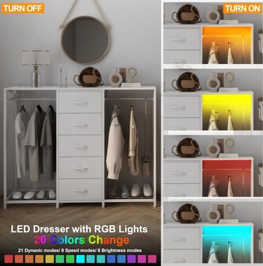 5 Drawer Dresser with Clothes Rack Chest of Drawers with Clothes Rail LED Lights Wardrobe Closet Drawers Charging Station Flexible Shelf Open Shelves for Bedroom Living Room