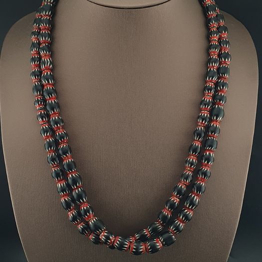 Antique Venetian Style Black Chevron Glass Beads Necklace Strand