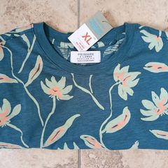 Primark Teal T-Shirt Floral/Flower Print Men XL 44-46 in 109-118 cm 100% cotton