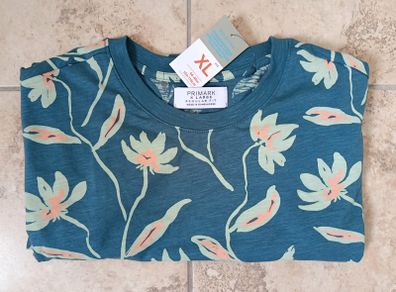 Primark Teal T-Shirt Floral/Flower Print Men XL 44-46 in 109-118 cm 100% cotton