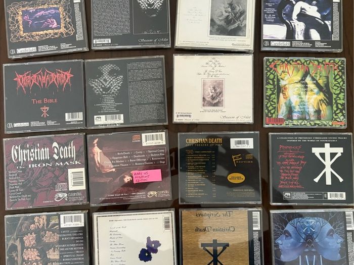 Christian Death. Seventeen CDs by goth band. All excellent condition. Many US pressings. Includes one very rare misprinted CD. Five euro each or sixty euro for the lot including post.