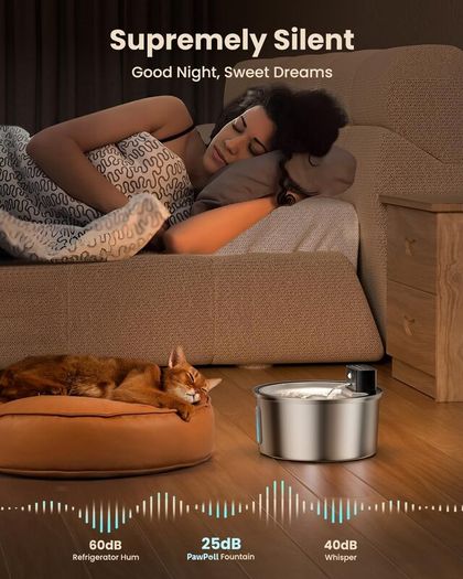 Wireless Cat Water Fountain for Drinking, 3.2L Cat Fountain Stainless Steel Cordless Pet Water Dispenser Battery Operated Motion Sensor Silent Rechargeable Water Fountain for Cats
