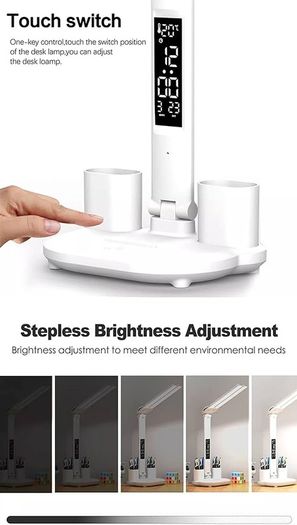 FREE P&P LED USB Charging Touch Control Table Lamps 3 Colors 5 Brightness Eye-Caring Reading Light Bedside Phone Holder 3 in 1 LCD Calendar Temperature Alarm