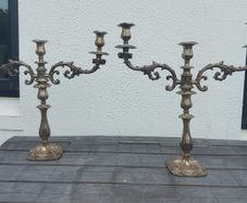 PAIR of large antique 19thC. silver plated 3 arm candelabra.