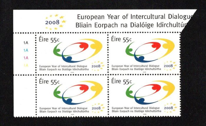 2008 Ireland European year of Intercultural Dialogue Commemorative Stamp Plate Block 1A1A1A1A Mint Never Hinged (MNH)