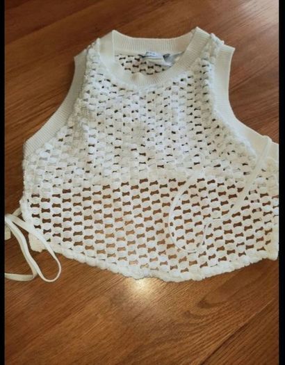 Bershka White Crochet Tie Top, Size UK8