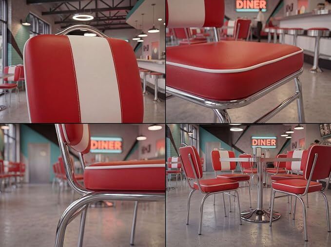 Set of 2 Retro American Diner Dining Chairs Red, Vintage Faux Leather Kitchen Chairs  Chrome Frame