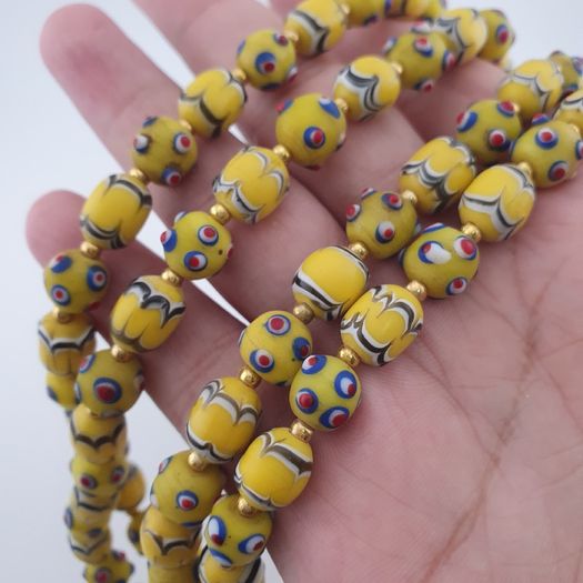 Antique Venetian Style Yellow Skunk & Trade Glass Beads Necklace