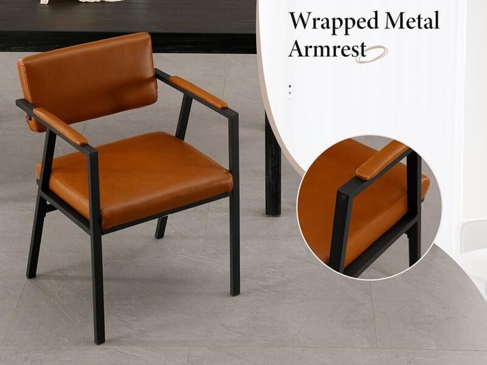 Set of 2 Brown PU Leather Dining Chairs with Armrests Modern Style & Durable Metal Frame