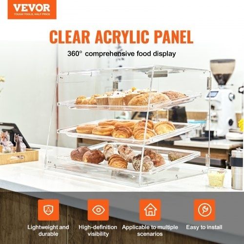 3-Tier Commercial Countertop Bakery Display Case, Acrylic Display Box with Rear Door Access & Removable Shelves, Keep Fresh for Donut Bagels Cake Cookie, 52.6 x 36.1 x 41.4 cm