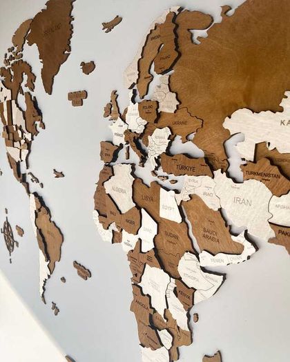 3D Classic Wooden World Map with Country Borders Country Names Capital Names US and Canada Borders and Names 3D Map Effect