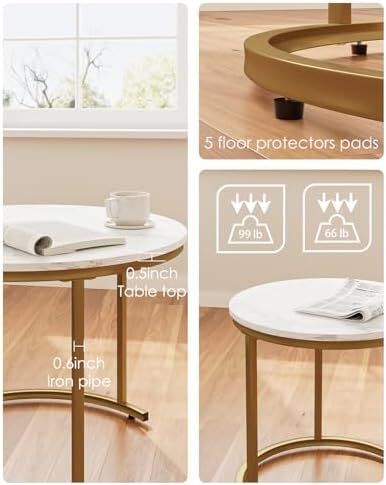 Round Coffee Tables, Removable Set of 2 End Table, Nesting Tables with Gold Metal Frame Legs and Marble White Top for Living Room, Bedroom, Office, Balcony, Apartment (White)