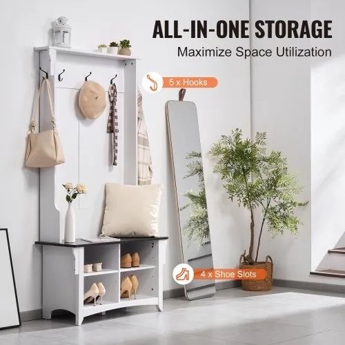 Hall Tree, Wooden Hall Tree with Bench and Shoe Storage, White Hall Tree with Coat Rack, Adjustable Shelves and 5 Hanging Hooks,