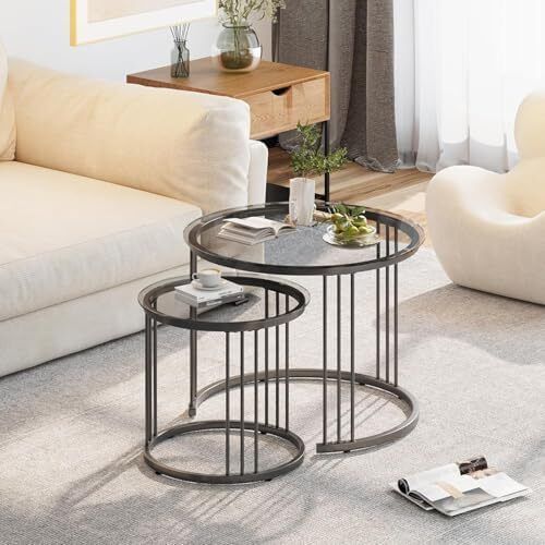 Round Coffee Tables, Set of 2 End Table, Nesting Tables, Side Table with Metal Frame