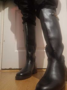 Flat Black Leather Knee High Riding Boots