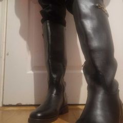 Flat Black Leather Knee High Riding Boots