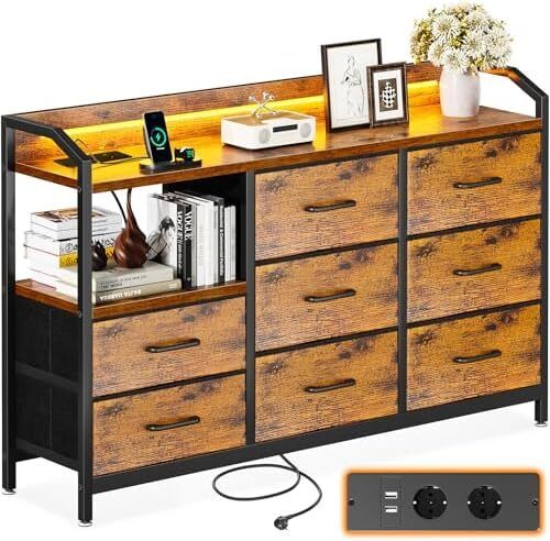 Chest of Drawers with Drawers, Drawer Cabinet with LED Light Strips with 10 Adjustable Colours and 2 USB and 2 AC