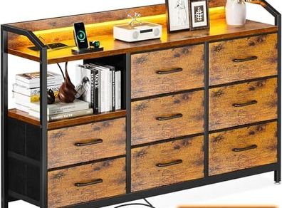 Chest of Drawers with Drawers, Drawer Cabinet with LED Light Strips with 10 Adjustable Colours and 2 USB and 2 AC