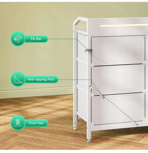 Black Chest of Drawers Bedroom, with LED Light trip with 10 Adjustable Colors and 2 USB and 2 AC Outlets, Includes 8 Large Fabric Drawers, Suitable for Bedroom, Living Room, 110 x 30 x 88, White