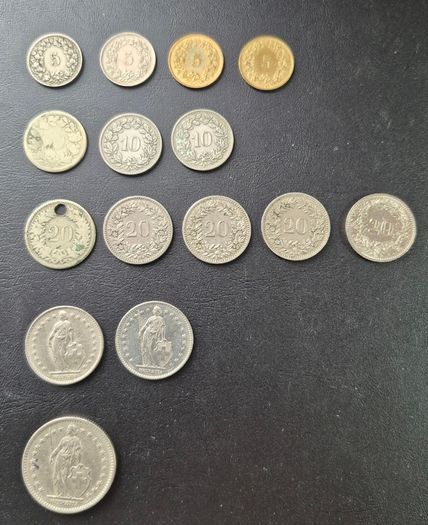 Swiss coins, including silver examples