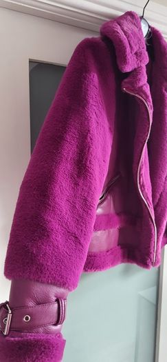 RIVER ISLAND fuschia faux leather and fur biker jacket Sz 14UK - Rrp 125 (New)