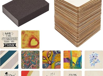 Unfinished Blank Wood Squares with Sanding Sponge (50 Pack) - 10 x 10cm / 4 x 4 Inches - 2.5mm Thick Wooden Plain Square Pieces for DIY Coasters, Crafts, Painting and Pyrography Burning (FREE POSTAGE)