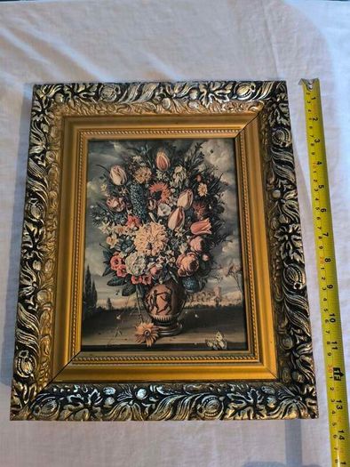 Floral still life high quality reproduction oil painting on canvas in an ornate chunky gold frame
