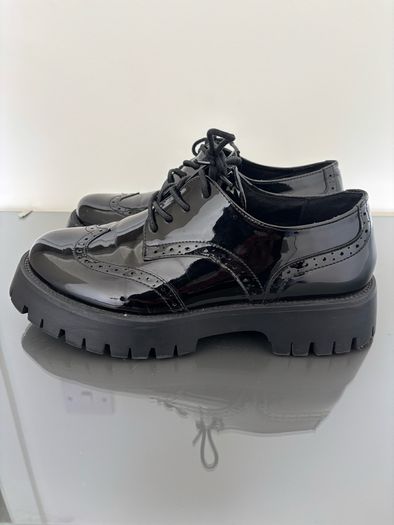 Schuh Wide Fit Black Patent Chunky Brogues