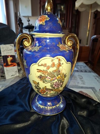 Vintage Twin Handled Japanese Cobalt Blue & Gold Lidded Urn or Amphora Vase, Postage available or Collection