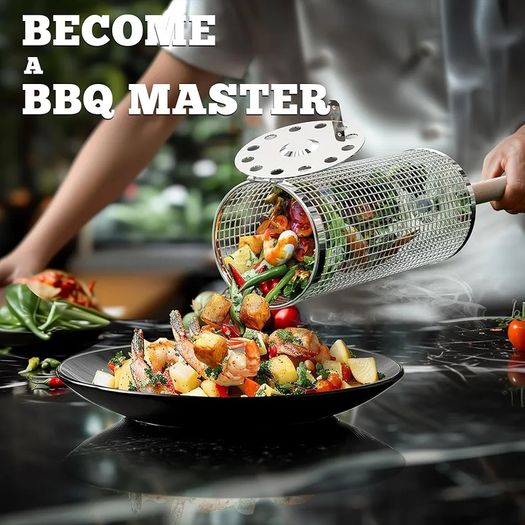 Removable Wooden Handle, 304 Stainless Steel, Nesting Grilling Net, BBQ Accessories Tools for Vegetables Shrimp, Outdoor Cooking Camping, Birthday Gifts for Men Dad Husband