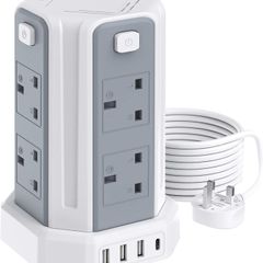 Tower Extension Lead 3M (3250W 13A) Extension Tower 8 AC Outlets & 4 USB Ports, Surge Protection Extension Lead with 4 Independent Switch, 17W USB C Ports Extension Cable 3M for Office, Home, Kitchen