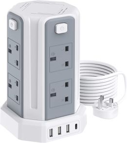 Tower Extension Lead 3M (3250W 13A) Extension Tower 8 AC Outlets & 4 USB Ports, Surge Protection Extension Lead with 4 Independent Switch, 17W USB C Ports Extension Cable 3M for Office, Home, Kitchen
