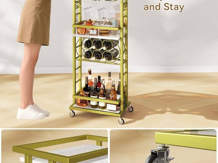 4-Tier Liquor Cabinet with wheels,Wine Rack Freestanding Floor, Bar Cart for Liquor Whiskey Wine,Versatile Wine Bottle Display Shelf,Mini Bar for Home Living Room,White