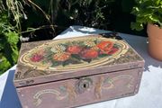 Hand painted wooden box with roses and cherubs