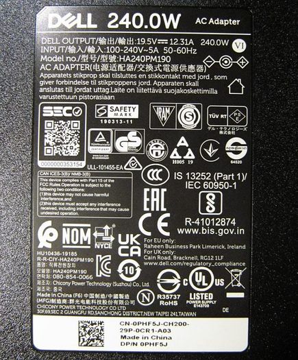 [New] Original Dell 240W laptop charger, power supply PSU