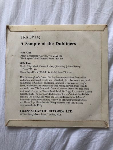 The Dubliners Four Track Sampler Vinyl EP. Irish Traditional
