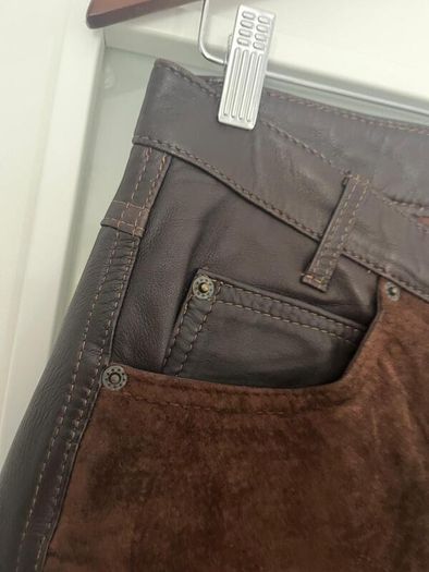 Unsigned genuine dark brown suede and leather jeans style trousers Sz 8UK - W28 L32 - Rrp 350 (New)