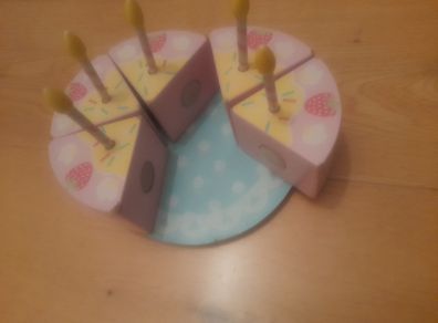 Wooden Cake, candles, knife and plate set