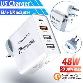 CELBRO QC 3.0 & PD/QC4.0 USB 4 Ports Wall Fast Charger 48W [3 Power Plugs (US/EU/UK)] (Brand New/Warranty)