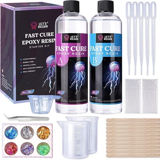 Fast Curing Epoxy Resin Kit-4 Hours Demold, 600ml/20oz Quick Curing & Bubble Free Epoxy Resin for Craft, Art, Resin Supplies with Foil Flake, Resin Cup, Stir Stick (FREE POSTAGE)